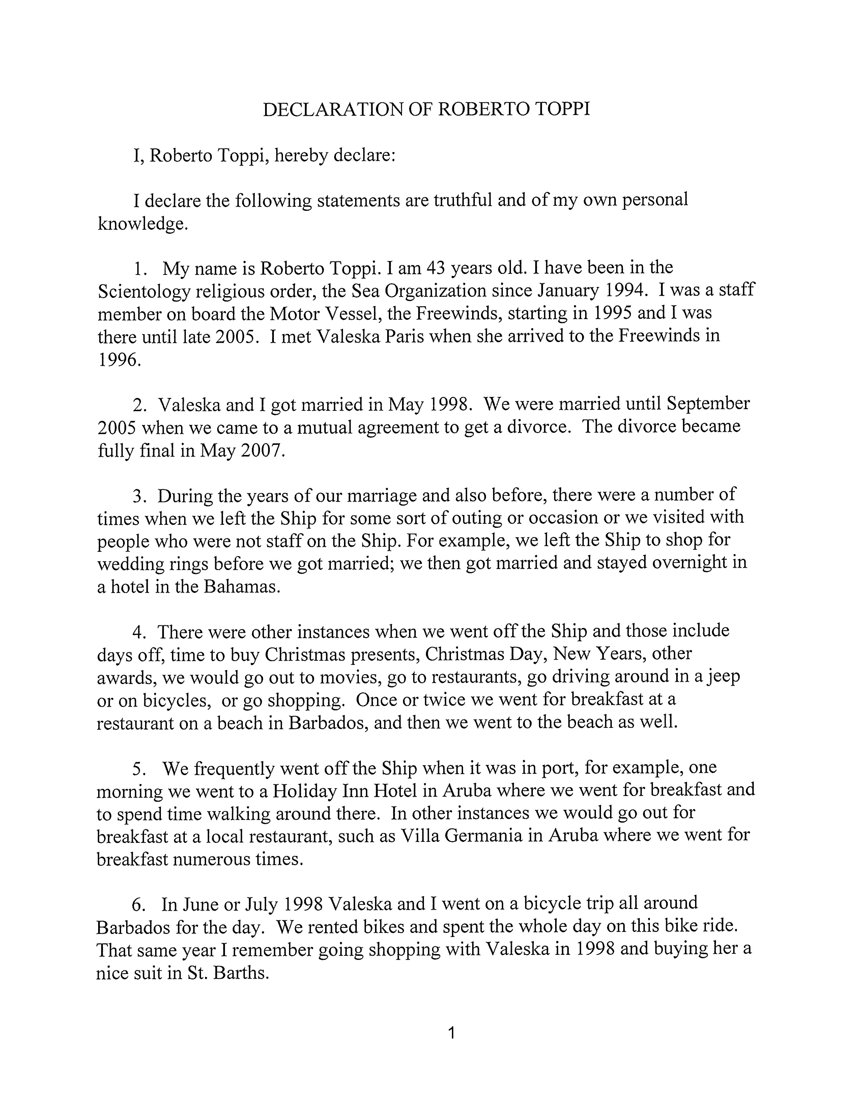 Roberto Toppi declaration about Valeska Paris