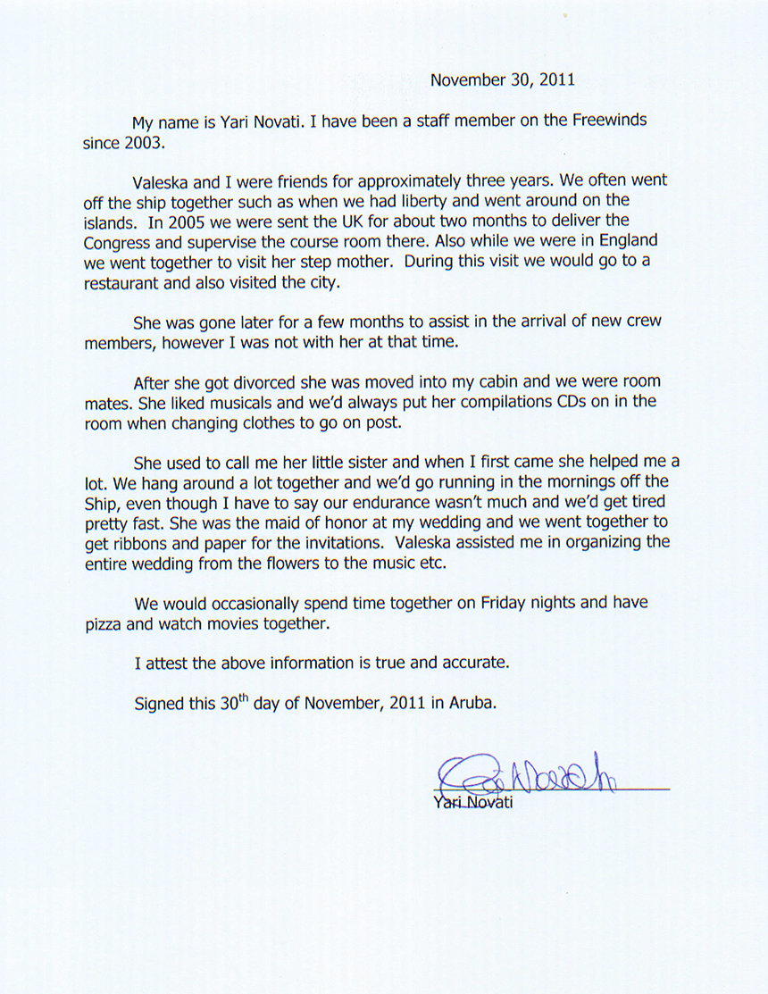 Declaration of Yari Novati about Valeska Paris